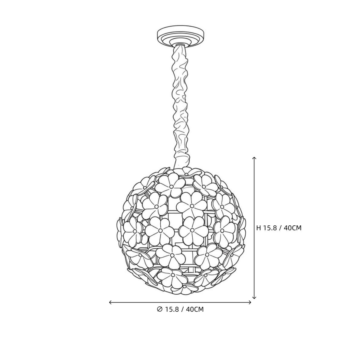Modern White Hydrangea Petal Art Glass Globe Pendant Light Line Art Dimension Diagram