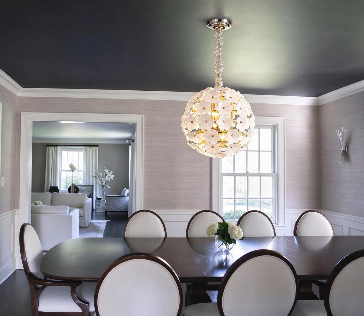 Modern White Hydrangea Petal Art Glass Globe Pendant Light in Luxury Dining Room