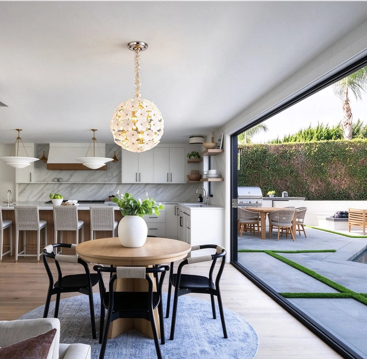 Modern Brass White Hydrangea Globe Pendant Light in Open Plan Kitchen Dining
