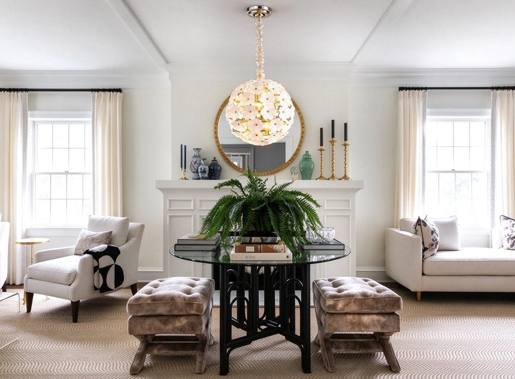 Modern White Hydrangea Petal Art Glass Globe Pendant Light in Classic Living Space