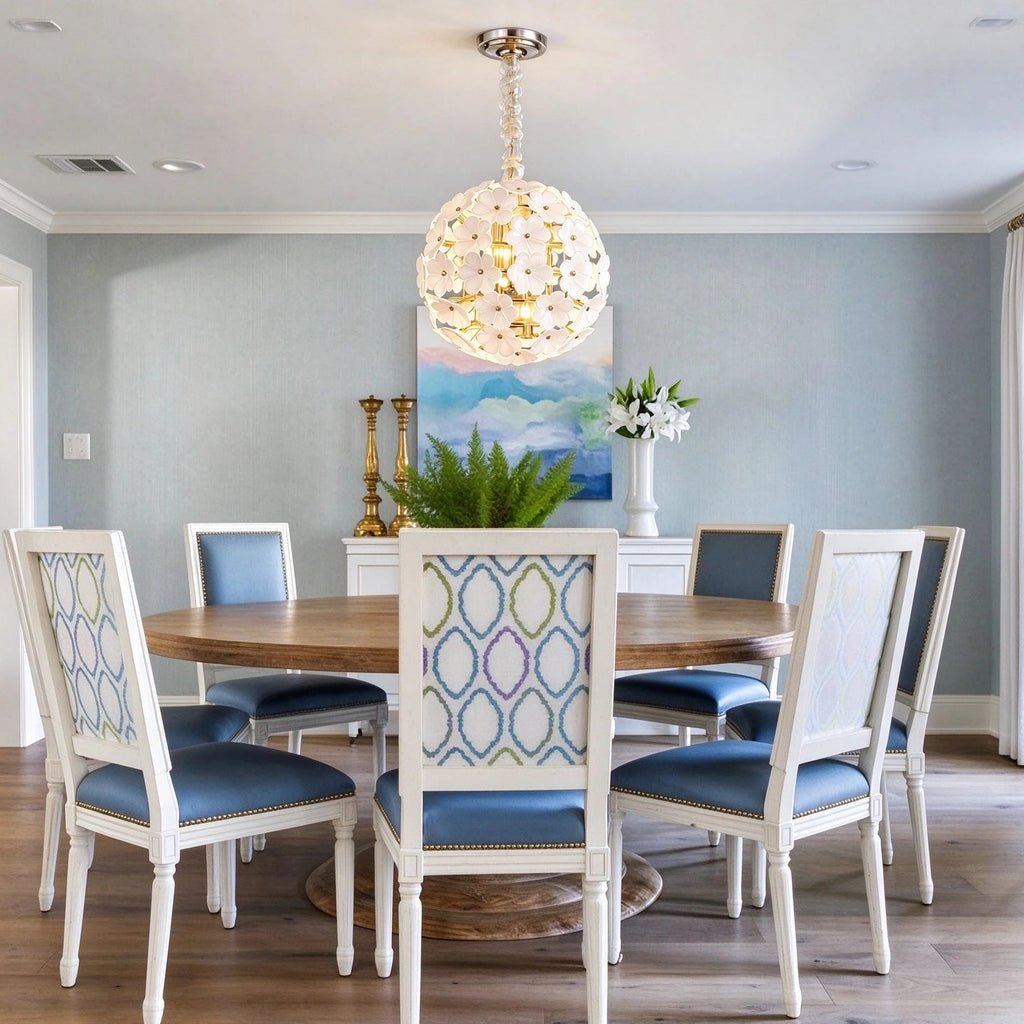 Modern Brass White Hydrangea Globe Pendant Light Over Round Dining Table