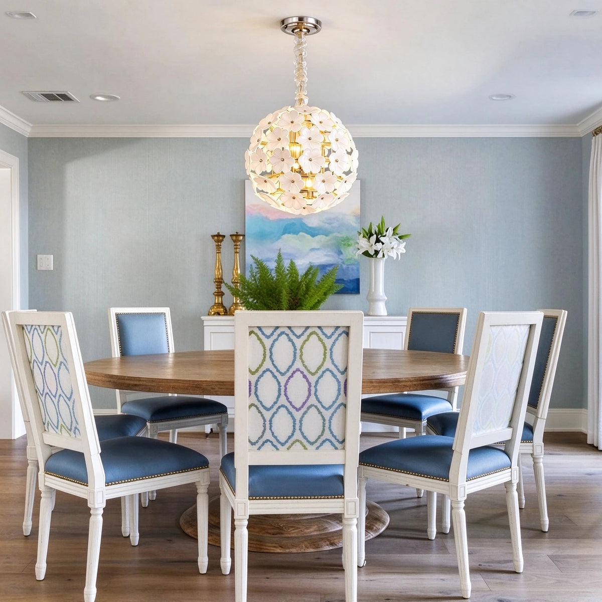 Modern Brass White Hydrangea Globe Pendant Light Over Round Dining Table
