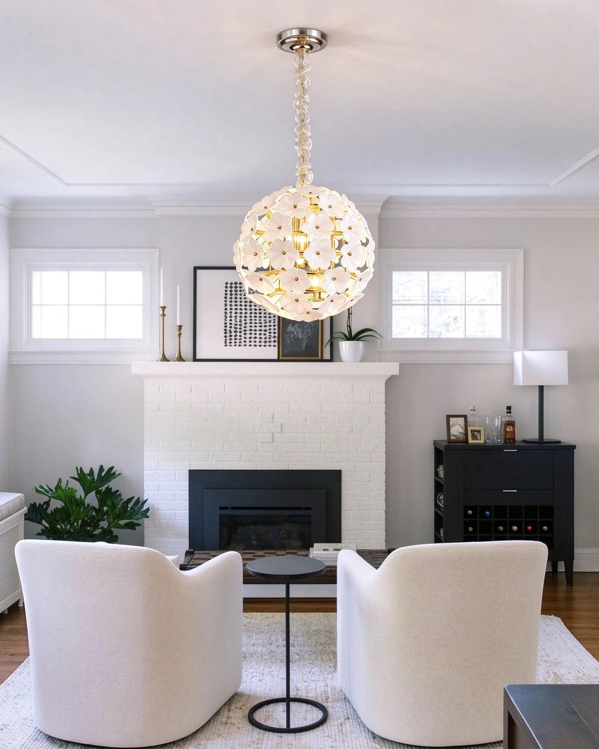 Modern White Hydrangea Petal Art Glass Globe Pendant Light in Cozy Living Room