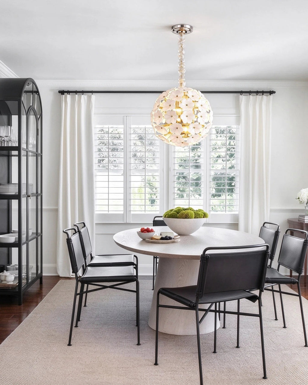 Modern White Hydrangea Petal Art Glass Globe Pendant Light in Minimalist Dining Area