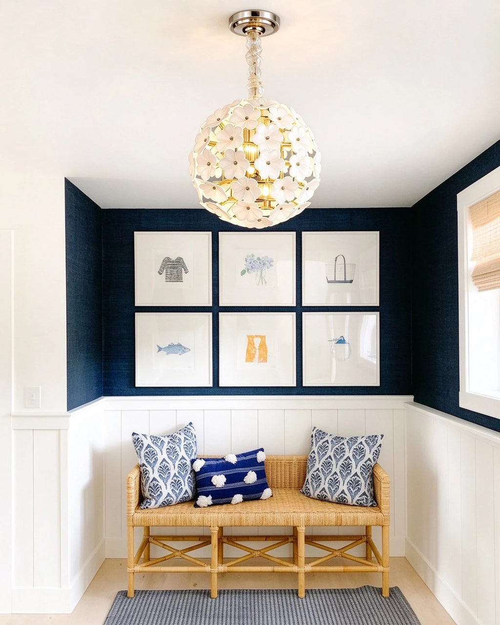 Modern Brass White Hydrangea Globe Pendant Light in Hallway Foyer Setting