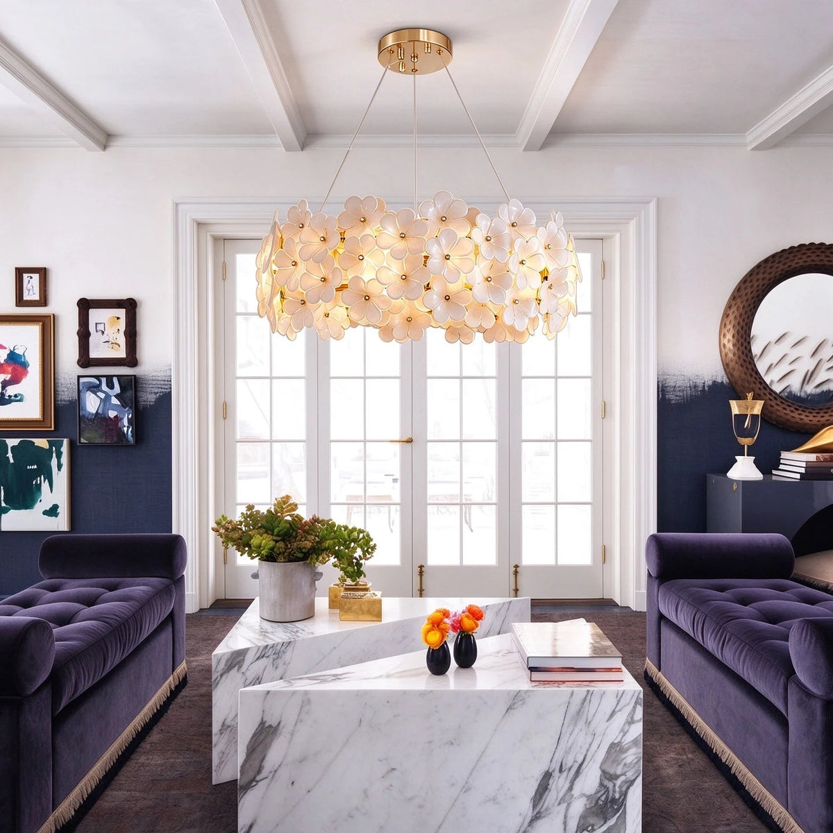 Modern White Rounded Petal Art Glass Chandelier in Formal Living Room