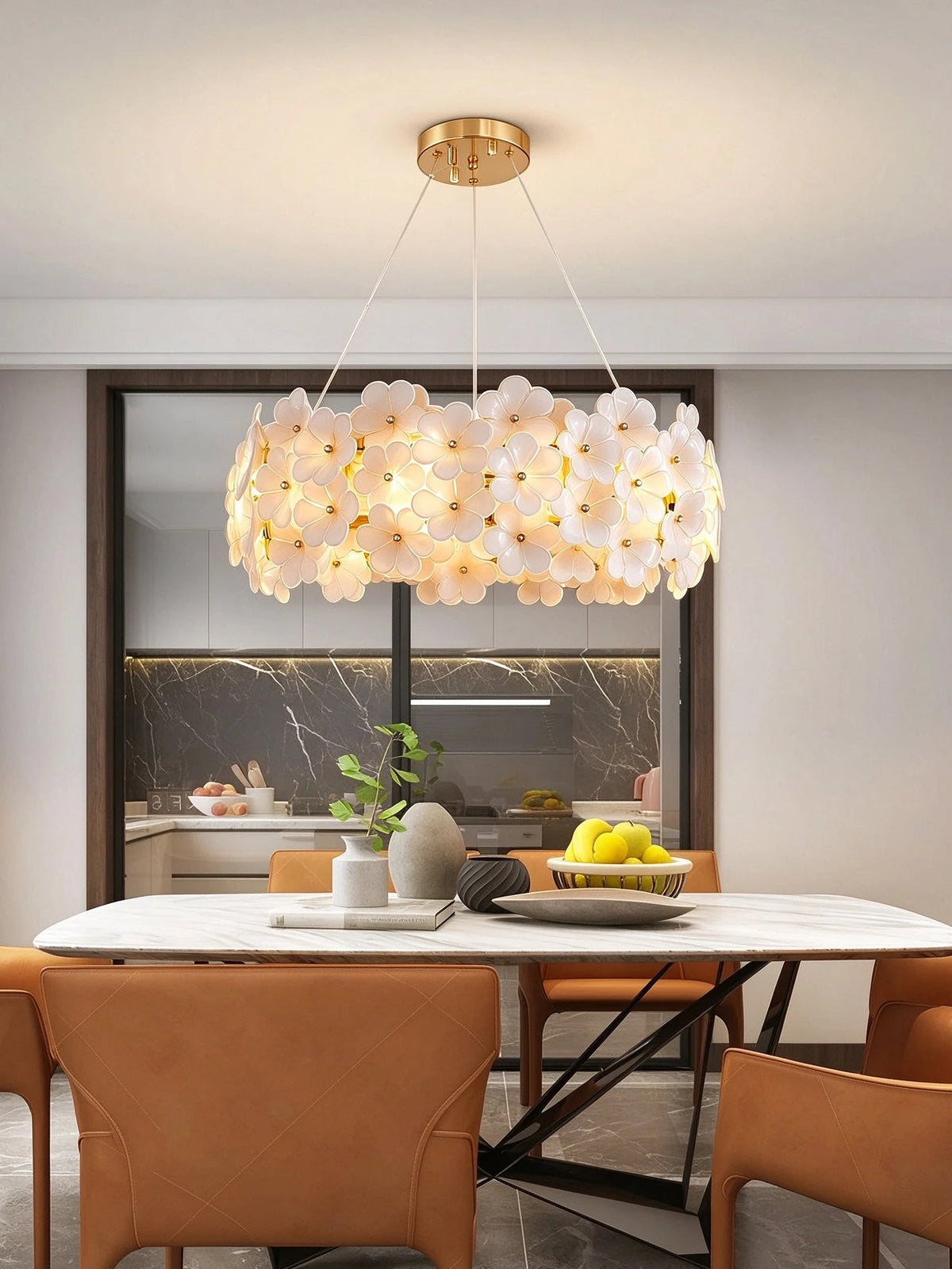 Modern White Rounded Petal Art Glass Chandelier in Cozy Dining Space