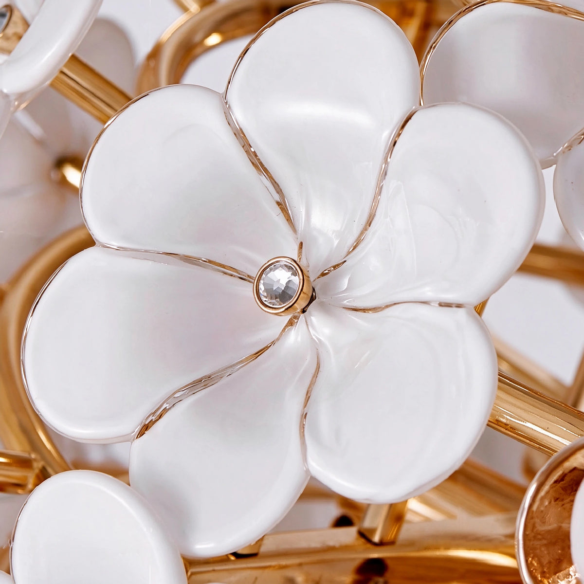 Close Up View of Illuminated White Rounded Petal Art Glass Details and Structure