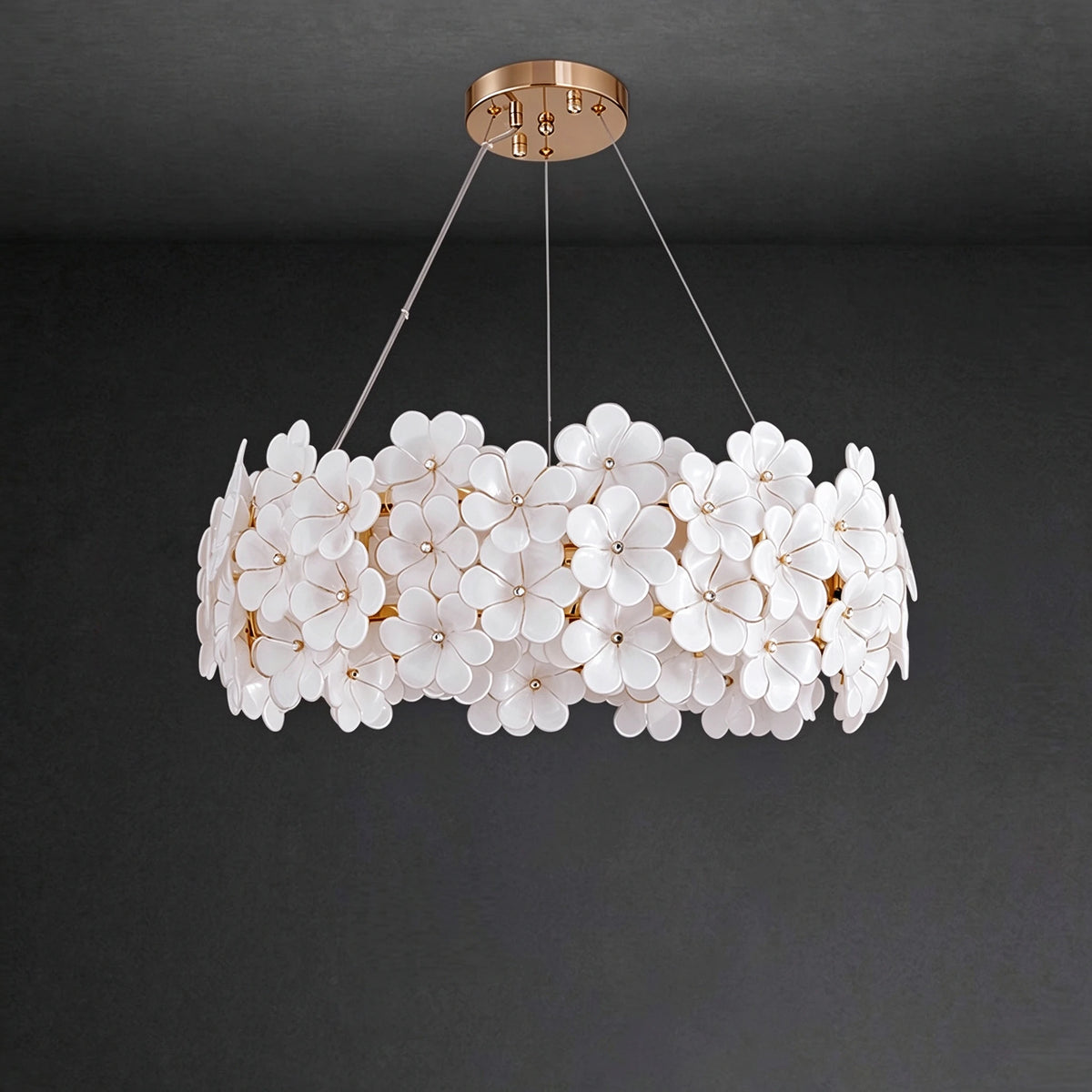 Illuminated Modern White Rounded Petal Art Glass Chandelier Studio Shot on Dark Background