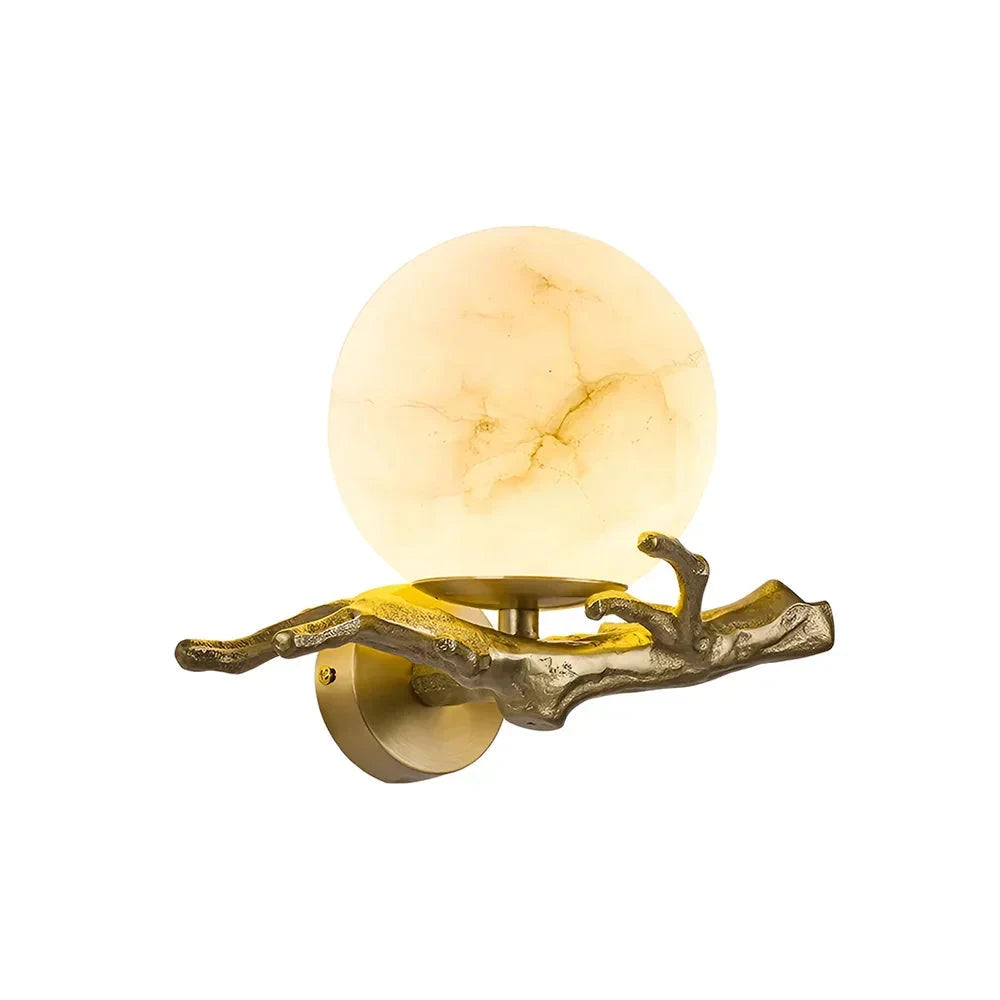 Modern Alabaster Sphere Wall Sconce with Brass Tree Branch Base on White Background