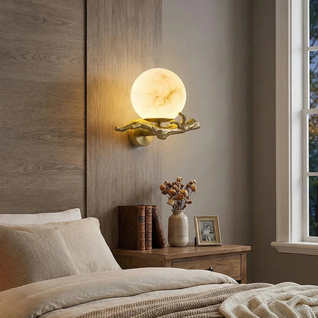 Alabaster Sphere Branch Light Illuminating Master Bedroom