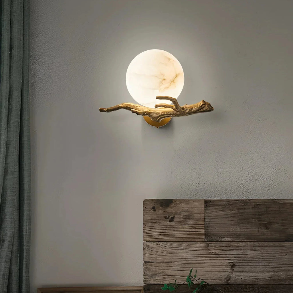 Front View of Illuminated Alabaster Sphere Branch Wall Sconce