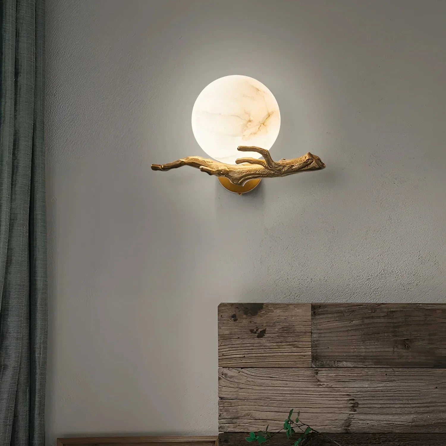 Front View of Illuminated Alabaster Sphere Branch Wall Sconce