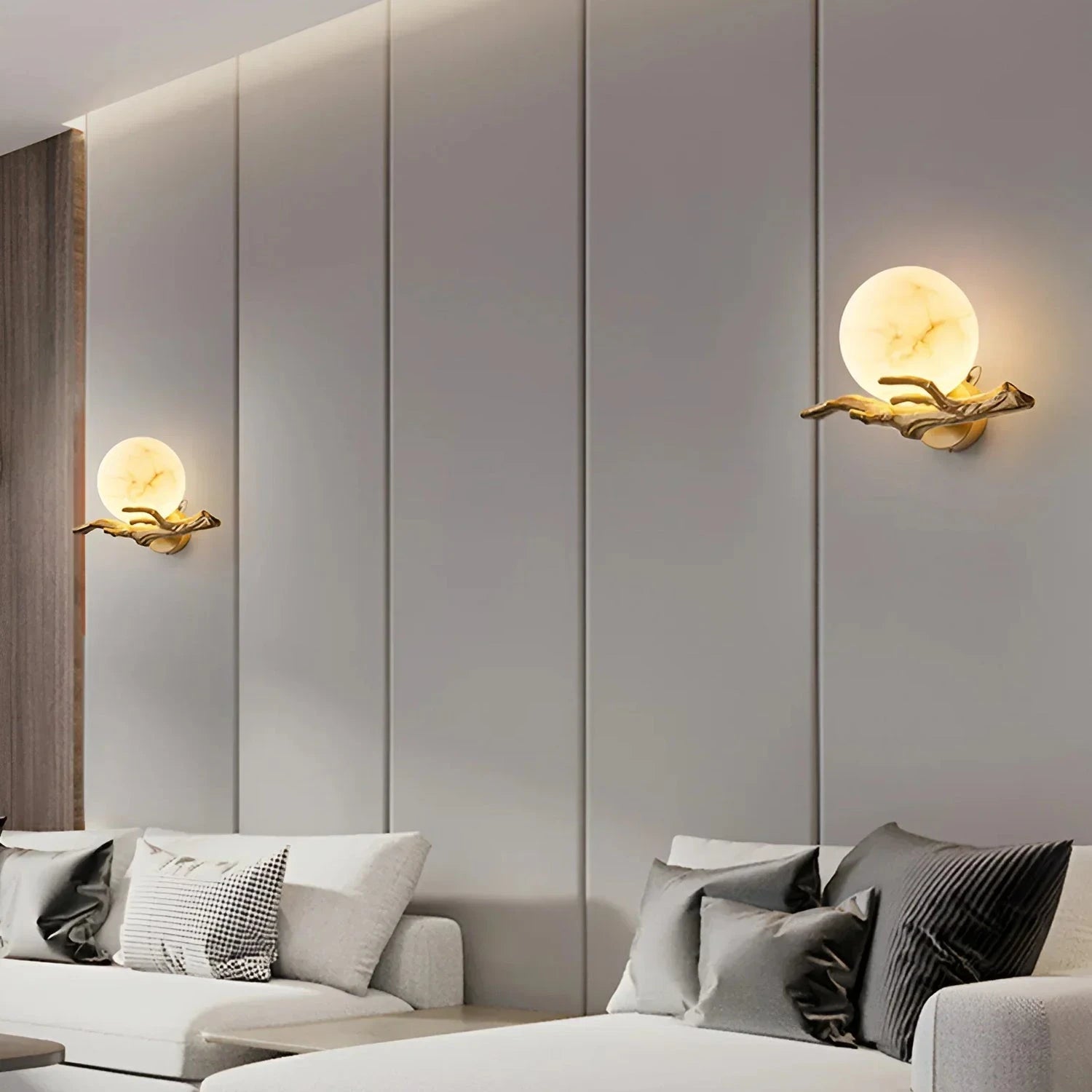 Pair of Modern Alabaster Branch Sconces in Contemporary Living Room