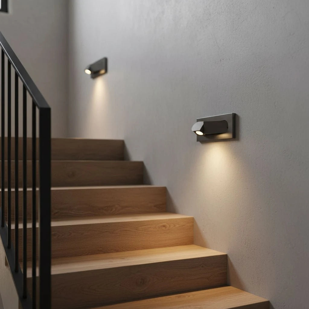Modern Recessed Wall Lights Illuminating Wooden Staircase