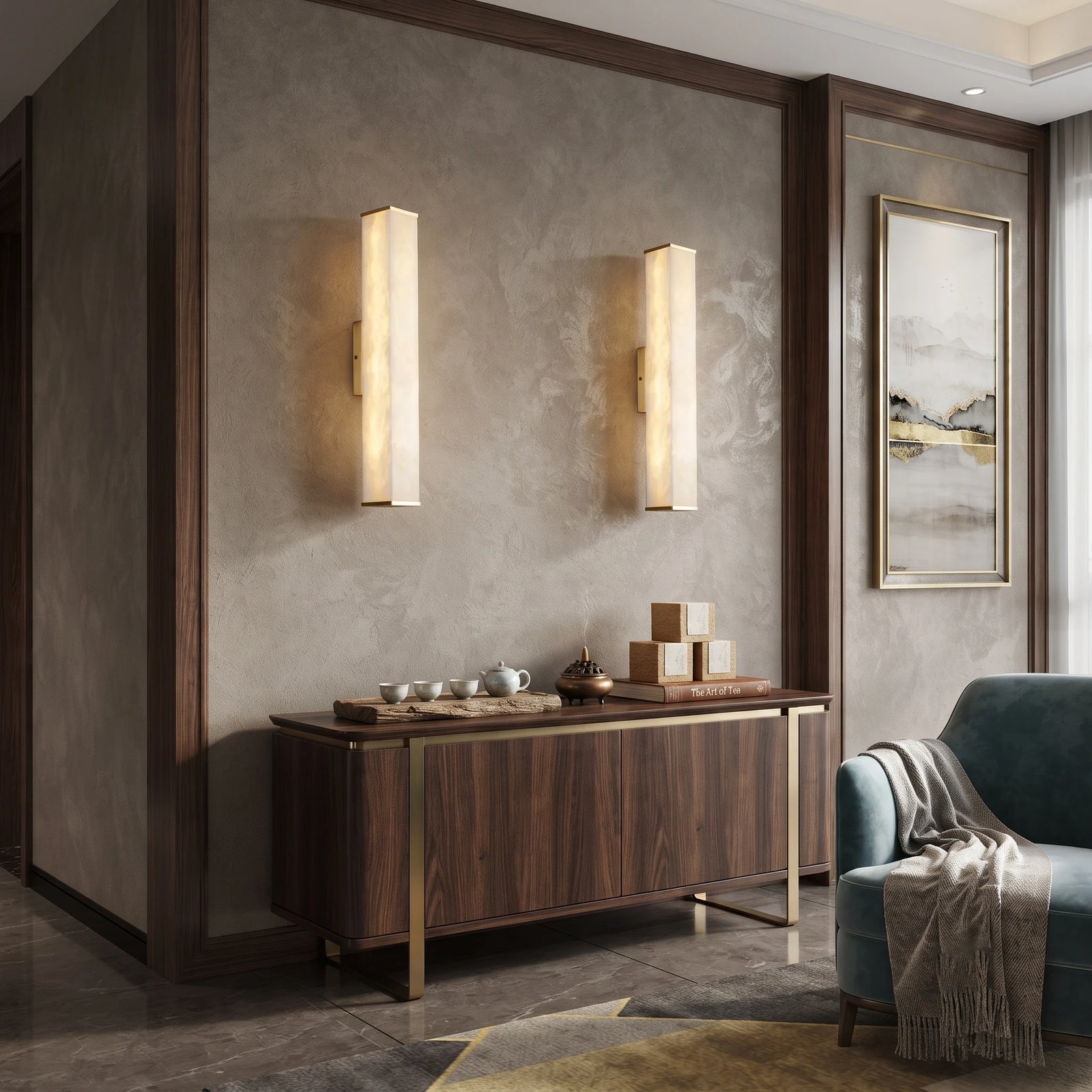 Pair of Modern Alabaster Sconces Flanking Storage Credenza