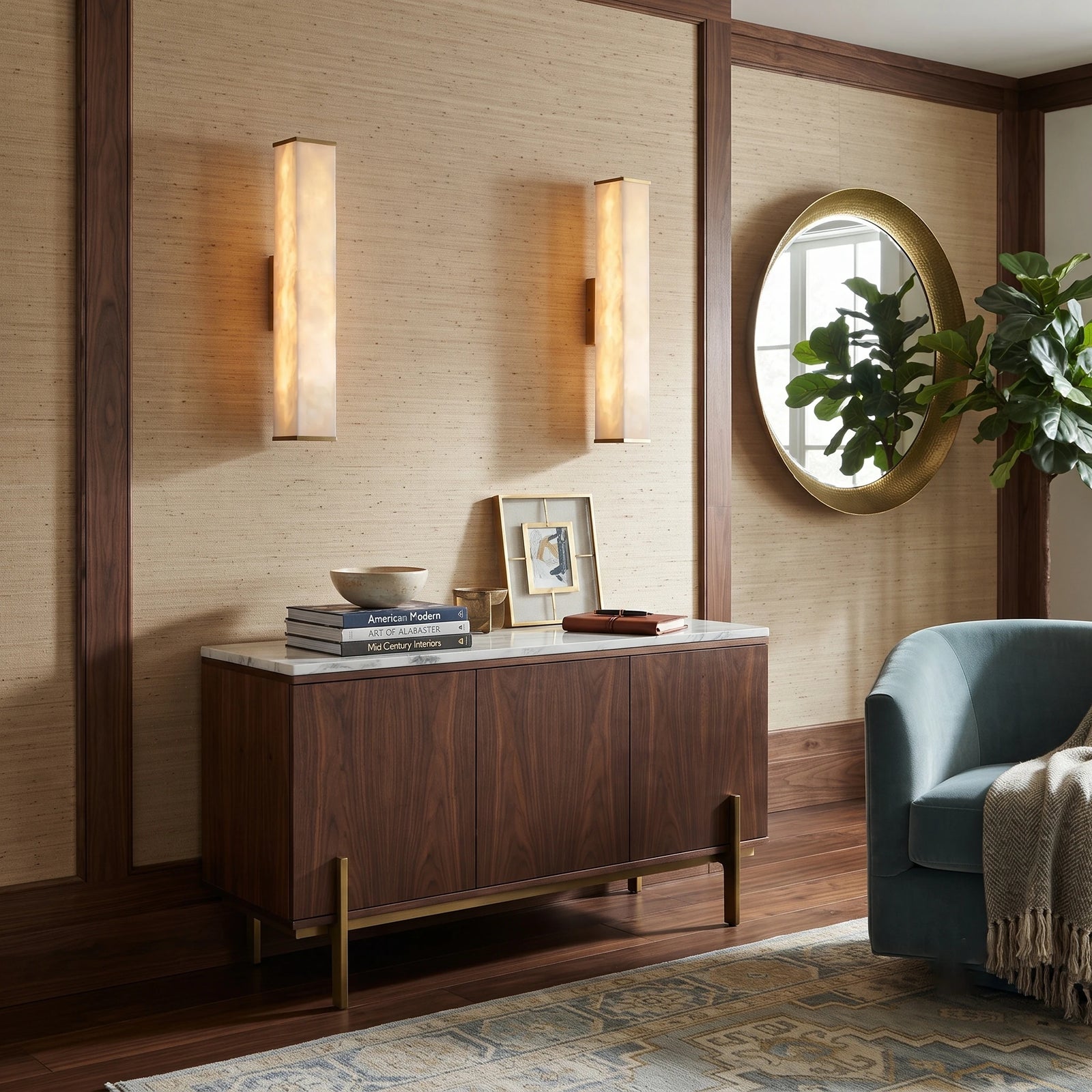 Pair of Rectangular Alabaster Wall Sconces Flanking Credenza