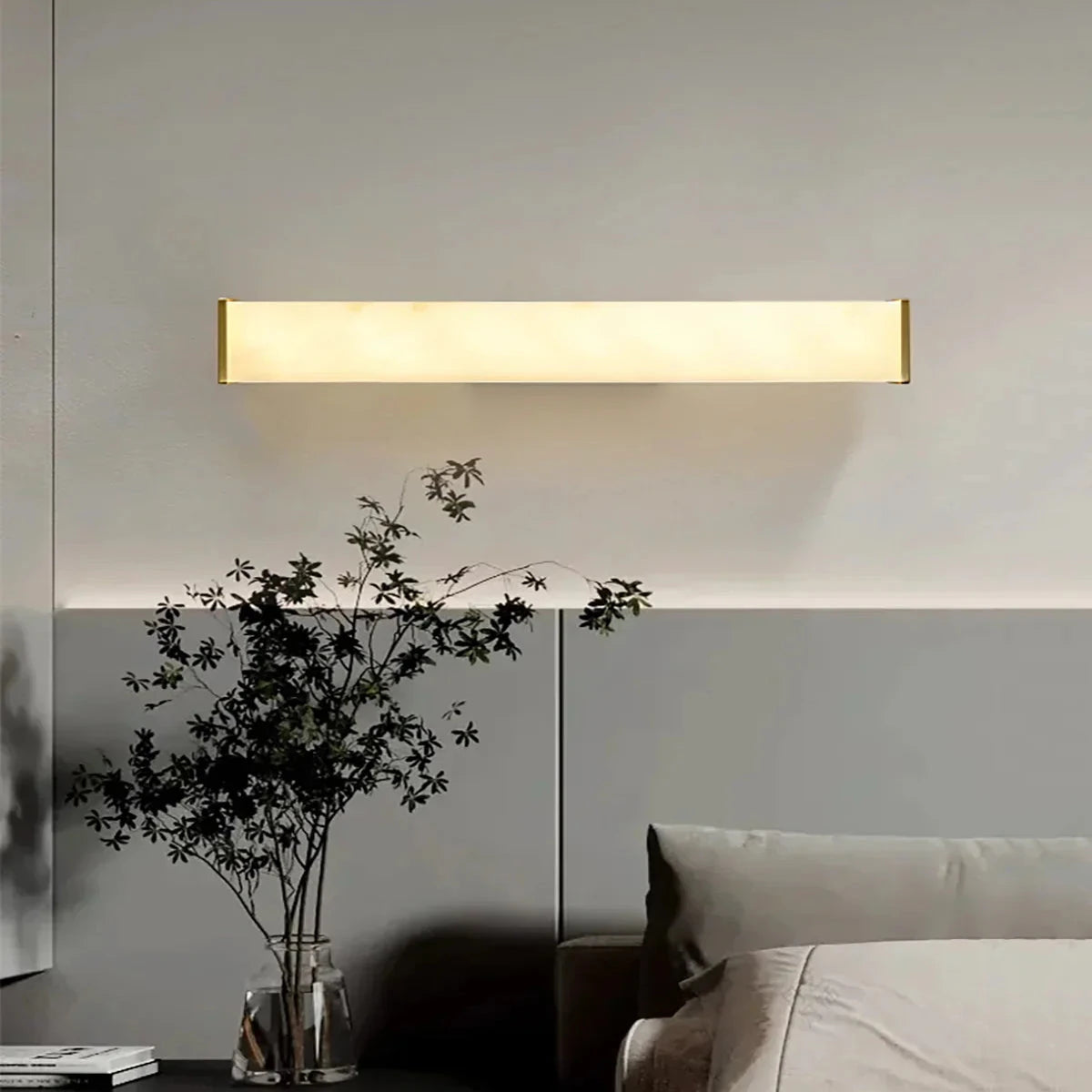Modern Horizontal Alabaster Sconce Over Bed Headboard