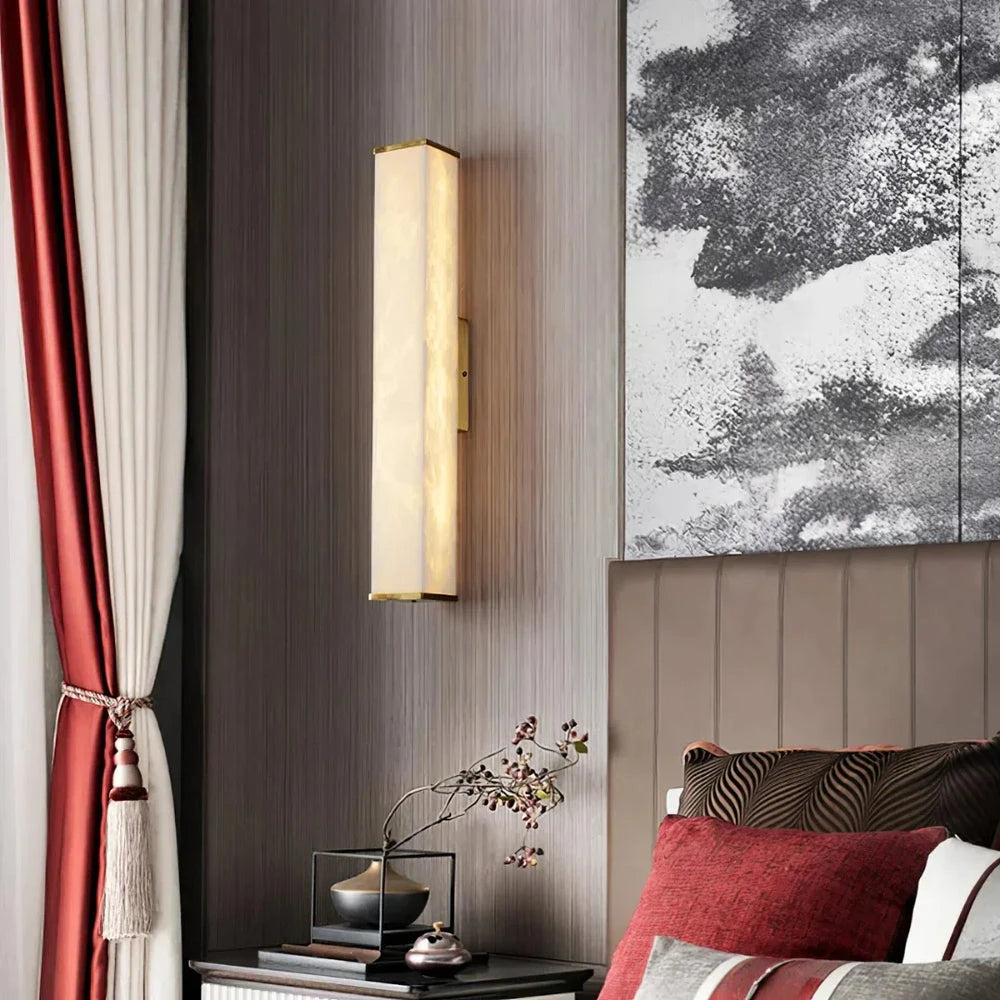 Vertical Rectangular Alabaster Wall Light Beside Master Bed