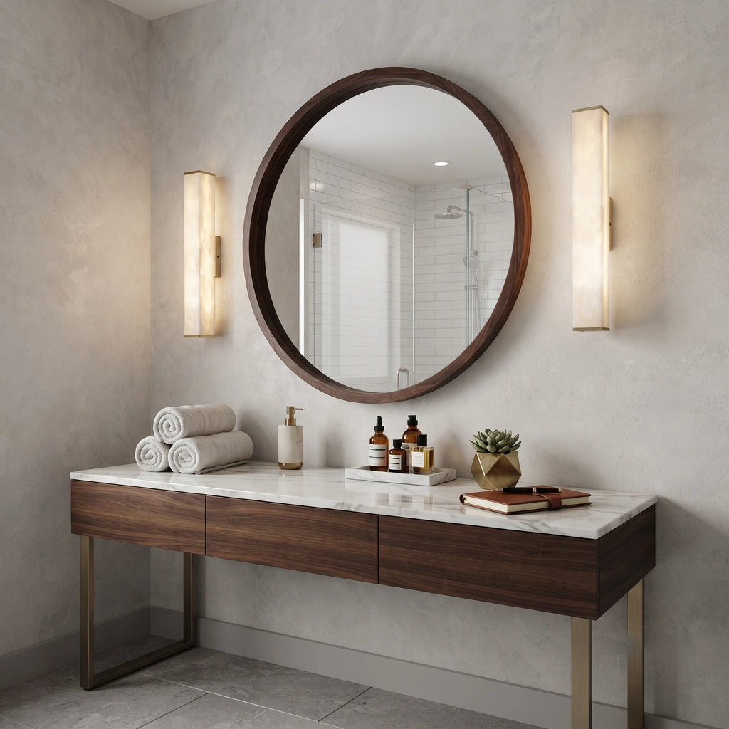 Pair of Rectangular Alabaster Vanity Sconces Beside Bathroom Mirror
