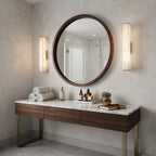 Pair of Rectangular Alabaster Vanity Sconces Beside Bathroom Mirror