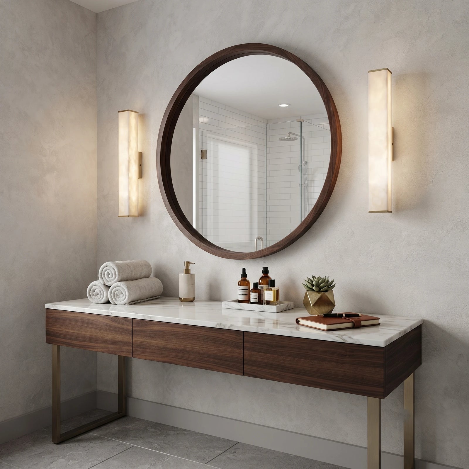 Pair of Rectangular Alabaster Vanity Sconces Beside Bathroom Mirror