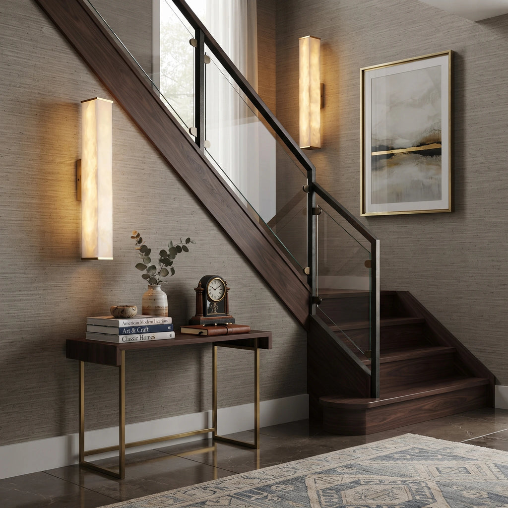 Pair of Rectangular Alabaster Sconces Installed Near Stairway Nook