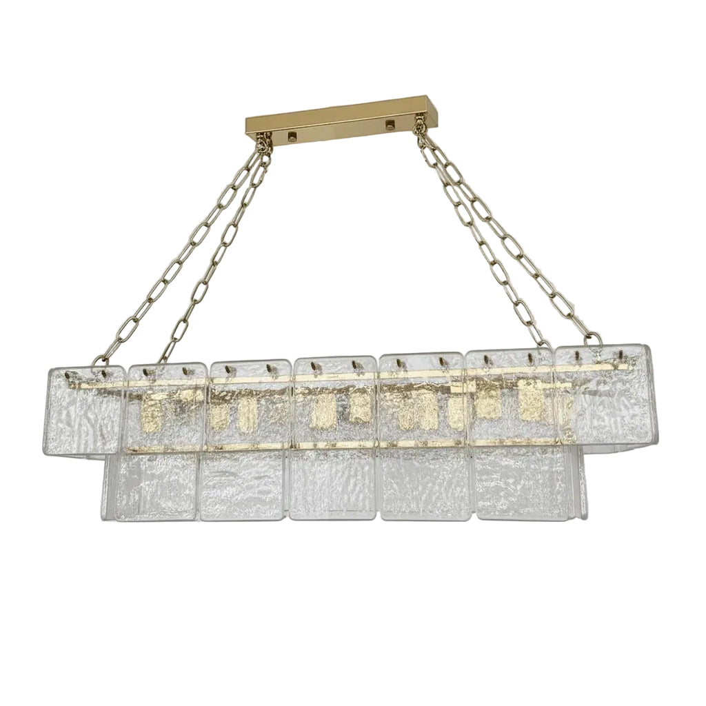 Modern Double-Layer Textured Glass Rectangular Chandelier with Brass Frame on Pure White Background