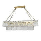 Modern Double-Layer Textured Glass Rectangular Chandelier with Brass Frame on Pure White Background