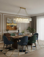 Dark Toned Dining Room with Colorful Chairs Chandelier Installation