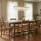 Warm Wood Tone Dining Room with Wooden Chairs Chandelier Installation