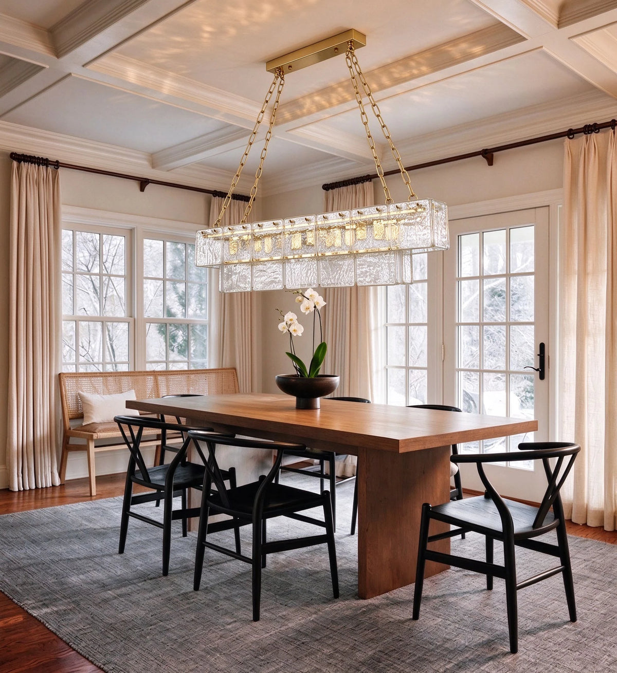 Warm Wood Dining Room Installation Shot of Brass Glass Chandelier