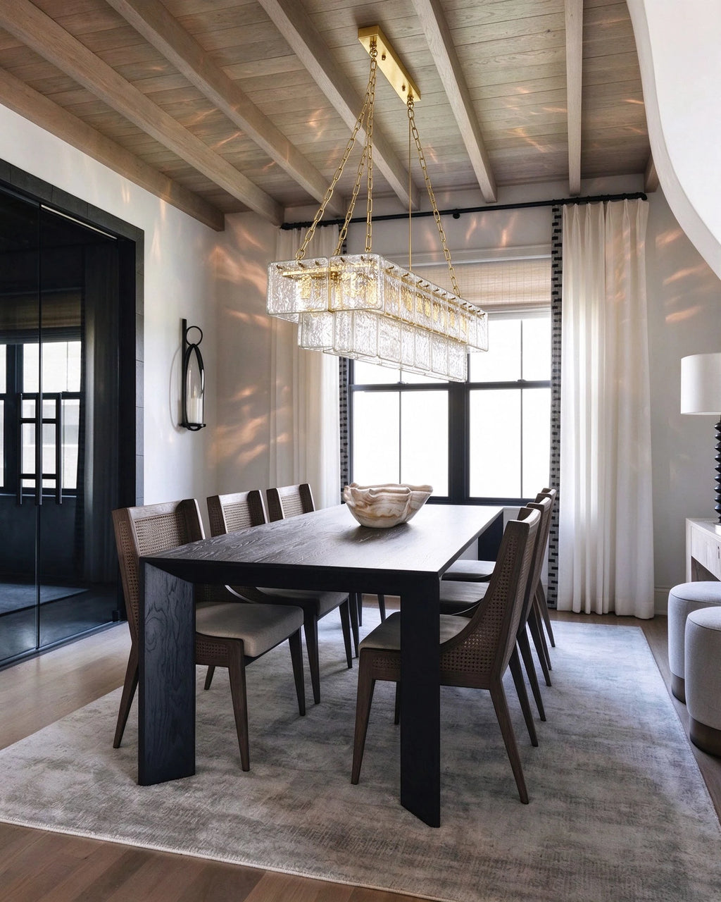 Dark Luxury Dining Room Installation Shot of Rectangular Glass Chandelier