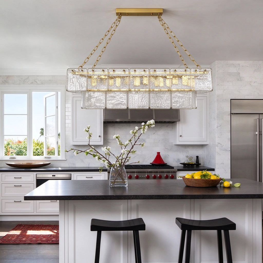 Modern Kitchen Island Installation Shot of Linear Glass Chandelier