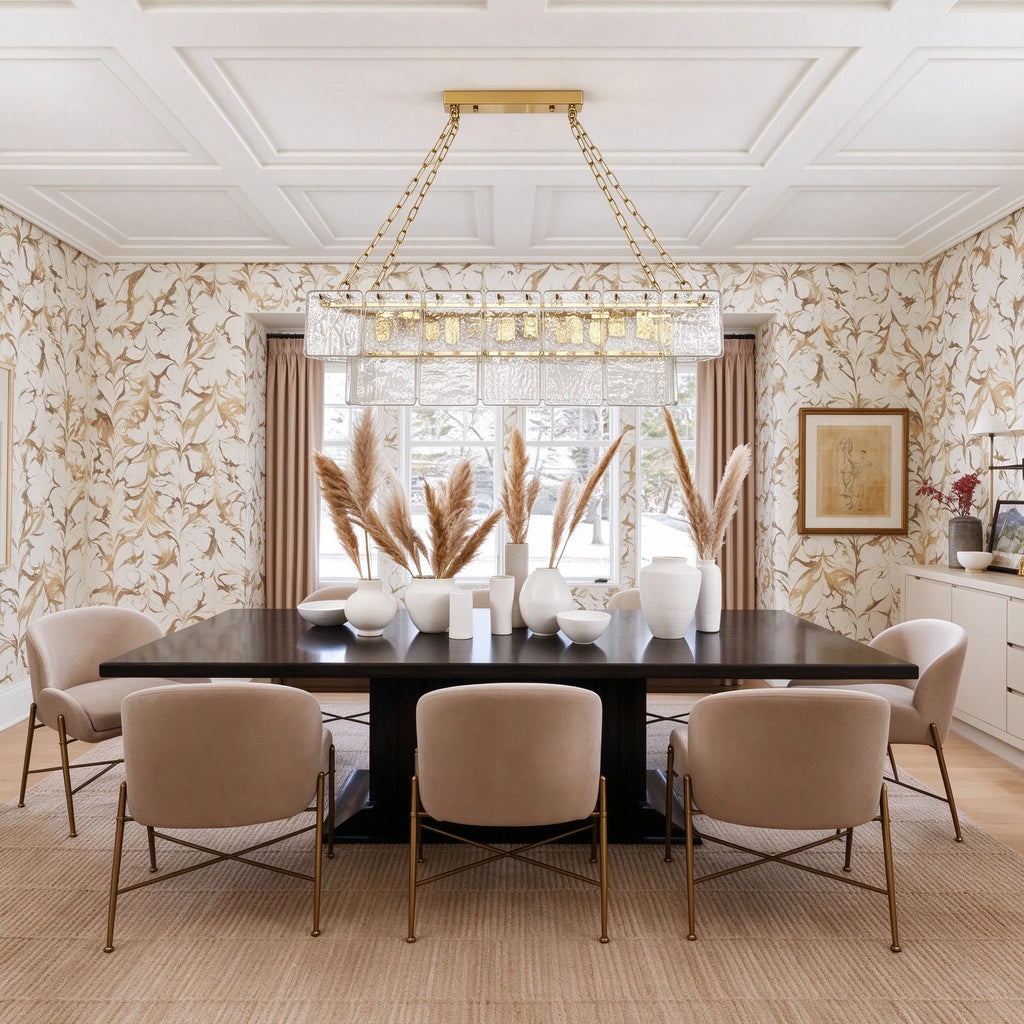 Luxury Patterned Wall Dining Room Installation of Glass Chandelier