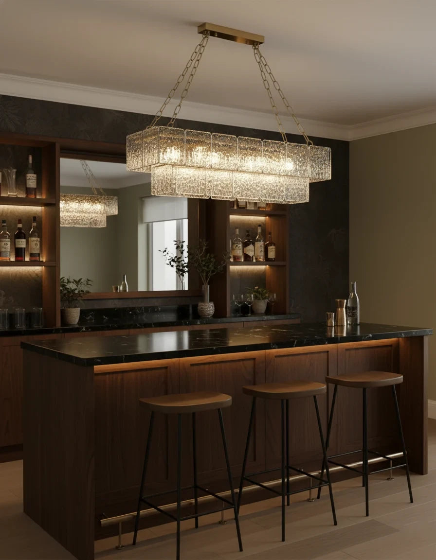 Dark Home Bar Installation Shot of Rectangular Glass Chandelier