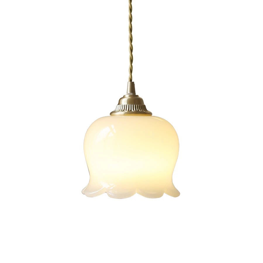 Vintage Tulip Milk Glass Pendant Light with Brass Socket on Pure White Background