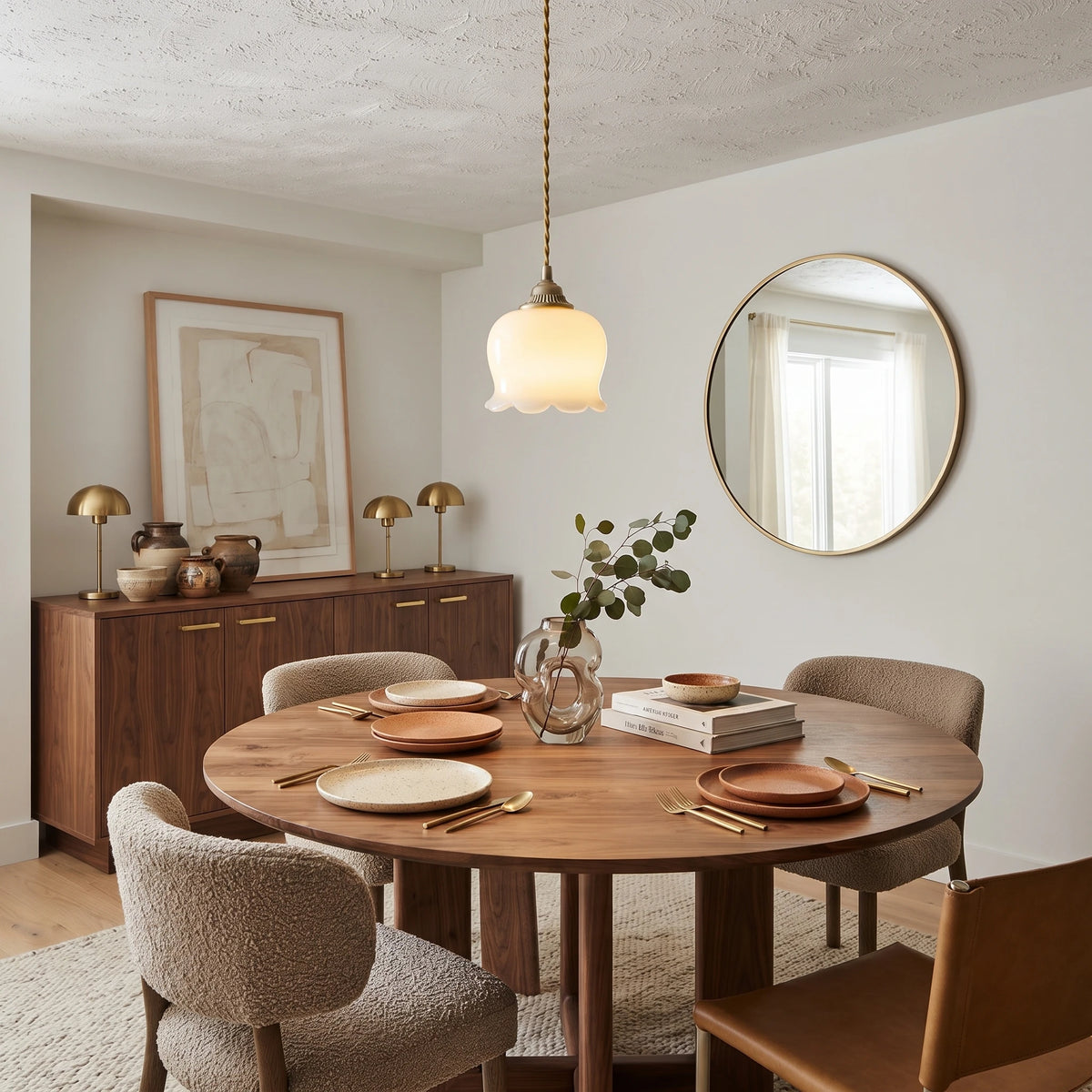 Vintage Milk Glass Pendant Light Over Modern Dining Seating Area