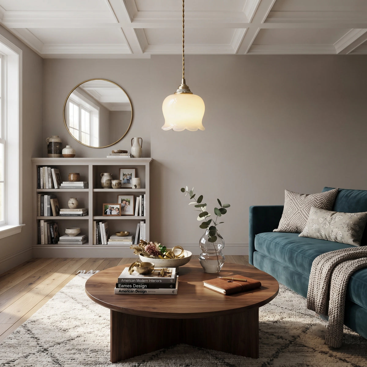 Vintage Milk Glass Tulip Pendant Light Over Living Room Seating Area