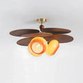 Illuminated Modern Wood Layered Petal and Orange Glass Ceiling Light Studio Shot