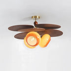 Illuminated Modern Wood Layered Petal and Orange Glass Ceiling Light Studio Shot