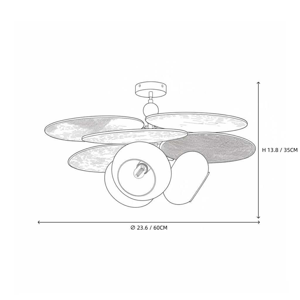 Modern Wood Layered Round Petal and Orange Glass Ceiling Light Line Art Dimension Diagram