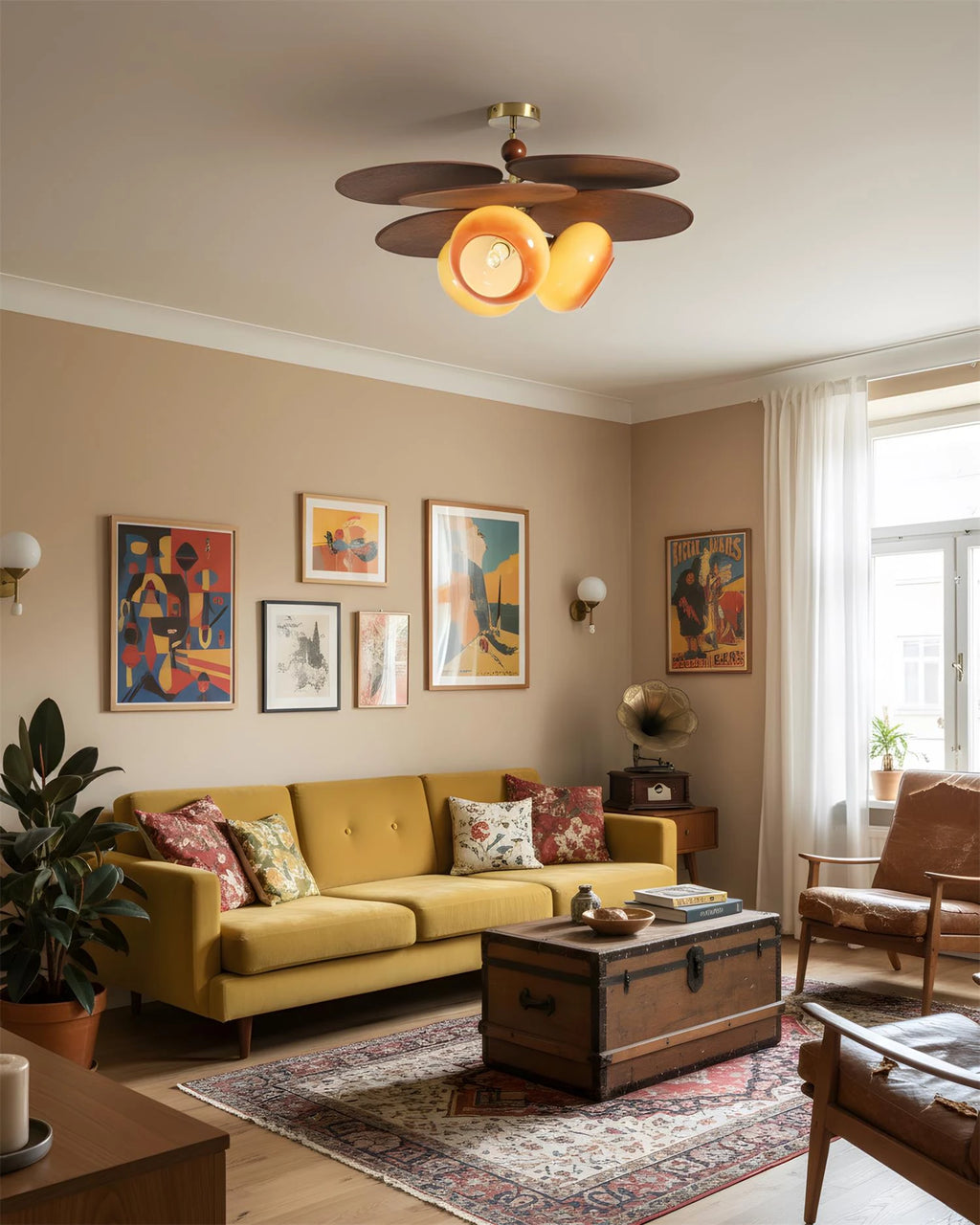 Modern Wood Petal Ceiling Light in Retro Living Room