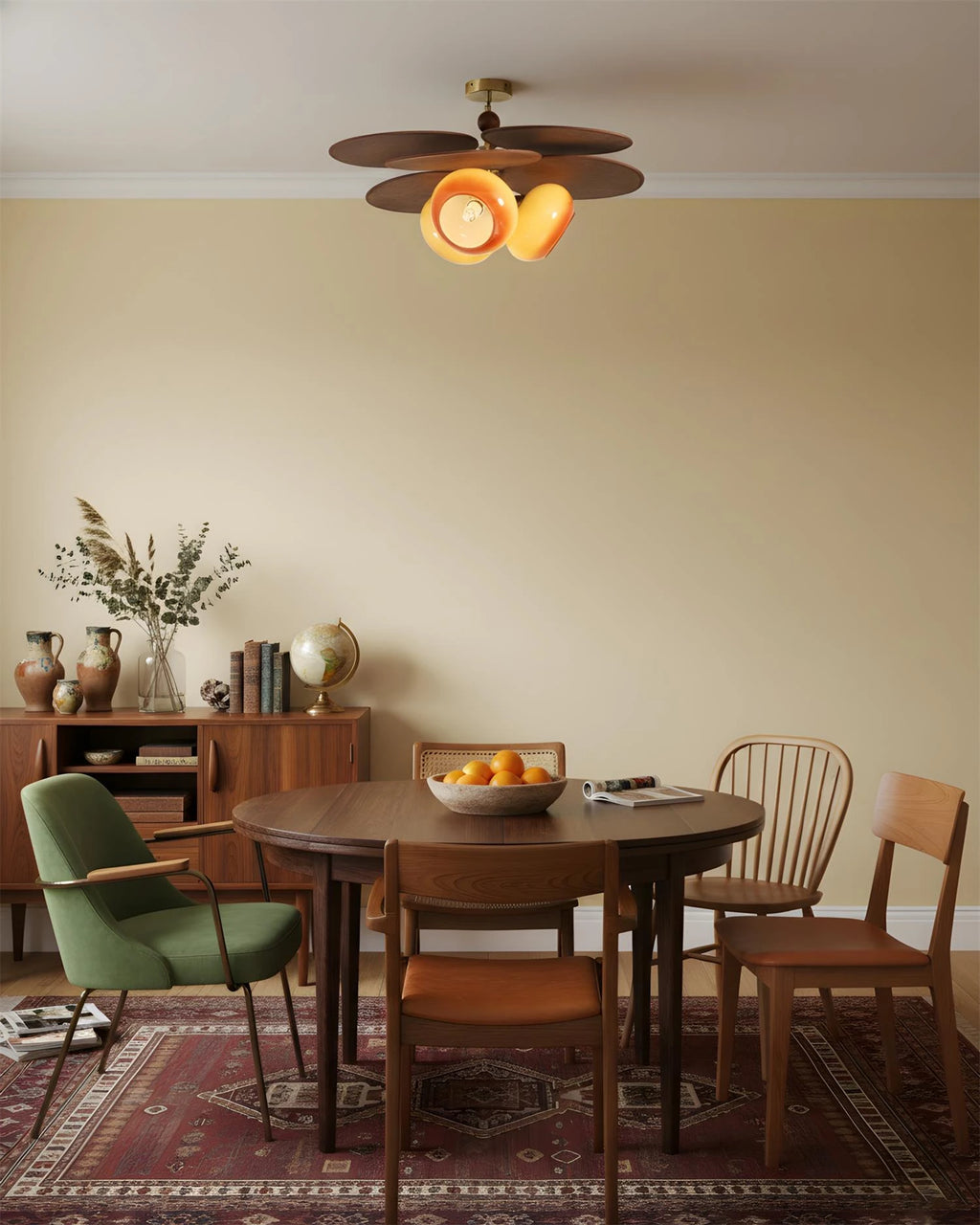 Modern Wood and Glass Ceiling Light Over Dining Room Table