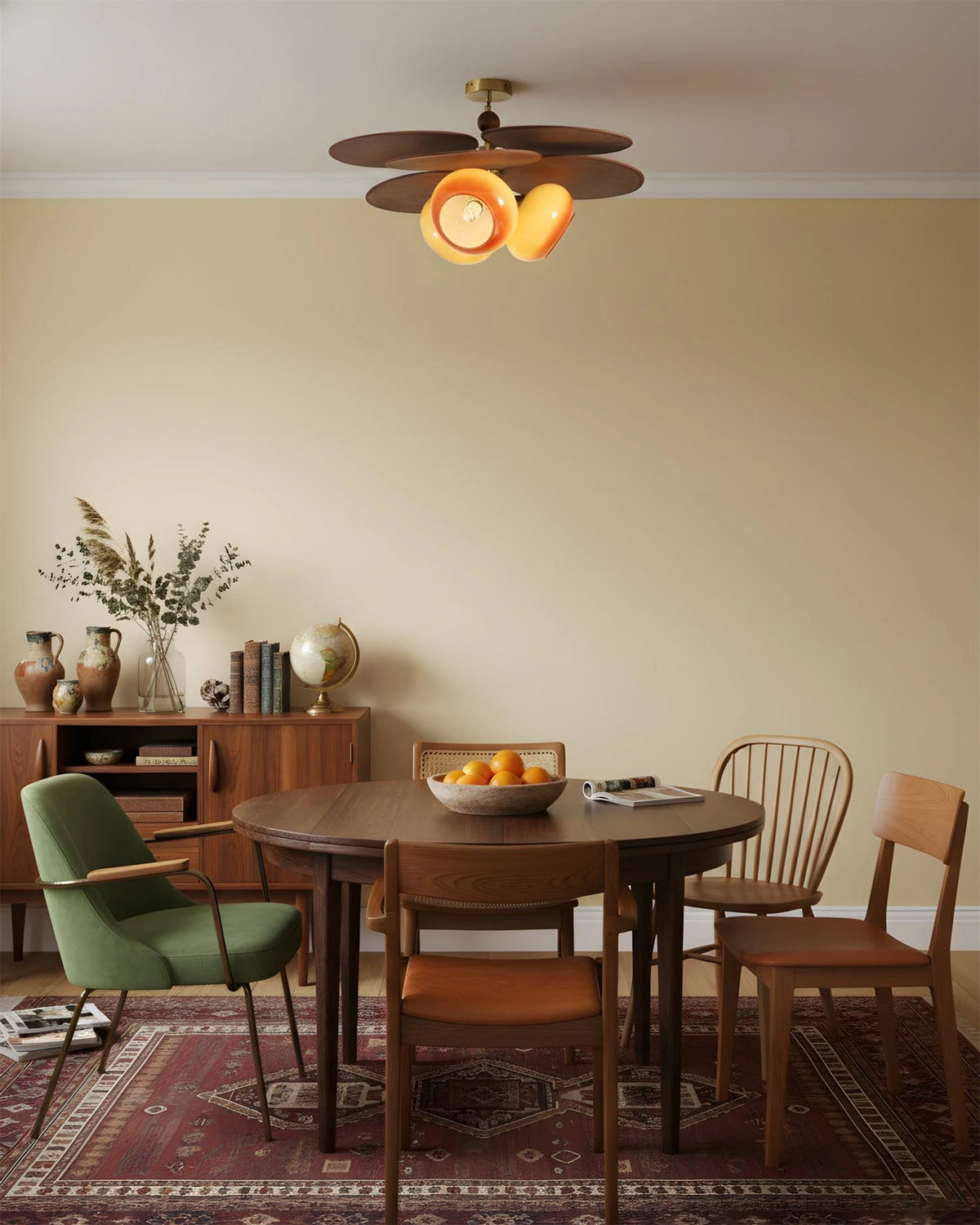 Modern Wood and Glass Ceiling Light Over Dining Room Table