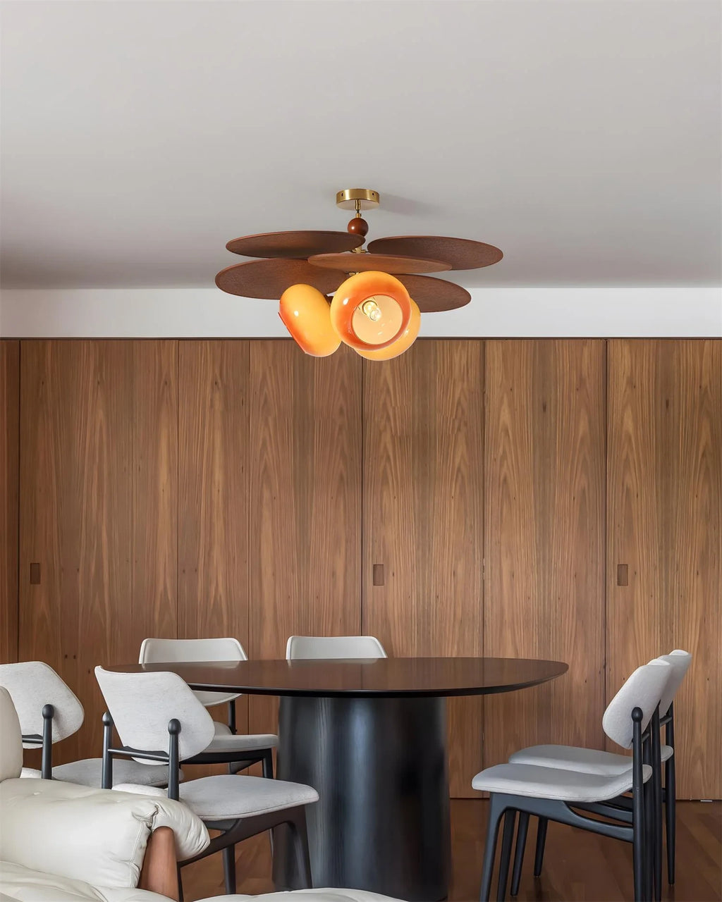 Modern Wood Layered Ceiling Light in Dining Space