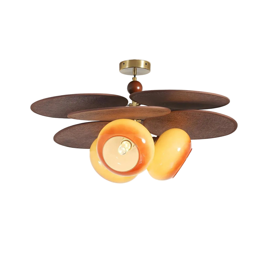 Modern Wood Layered Round Petal and Orange Glass Ceiling Light with Brass Accents on Pure White Background