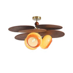 Modern Wood Layered Round Petal and Orange Glass Ceiling Light with Brass Accents on Pure White Background