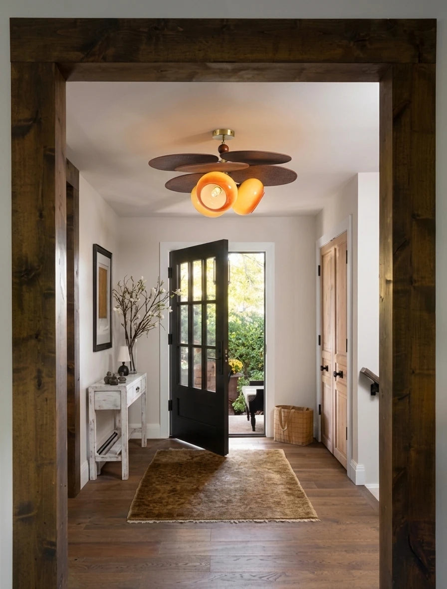 Modern Wood Petal Ceiling Light in Hallway Corridor