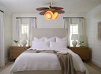 Modern Wood and Orange Glass Ceiling Light in Bedroom Setting